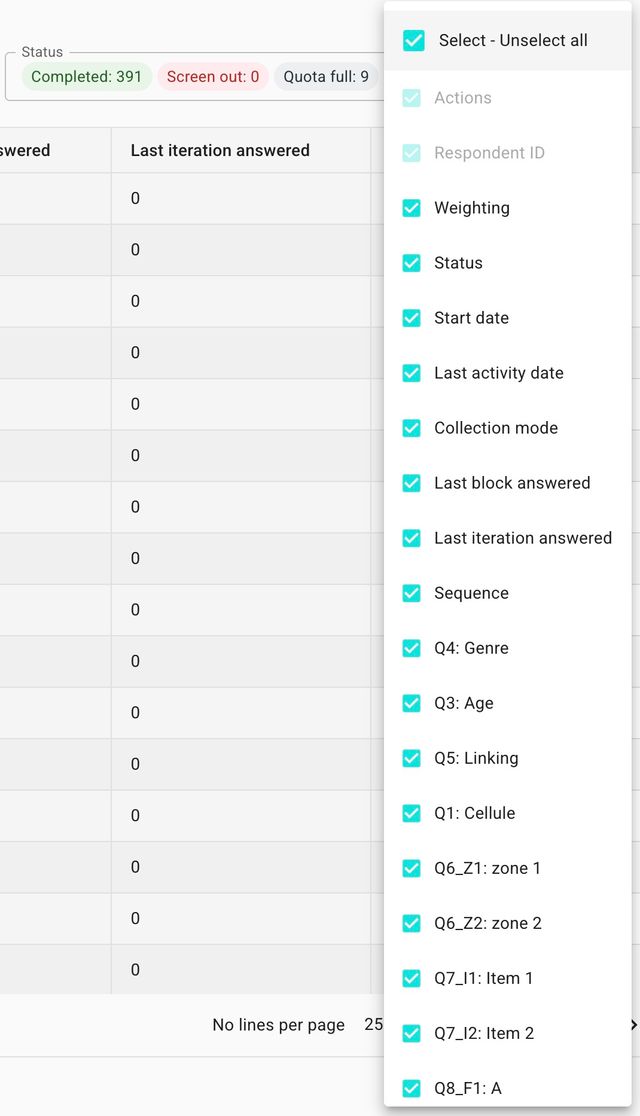 Interface de visualisation des données avec options de visibilité des blocs